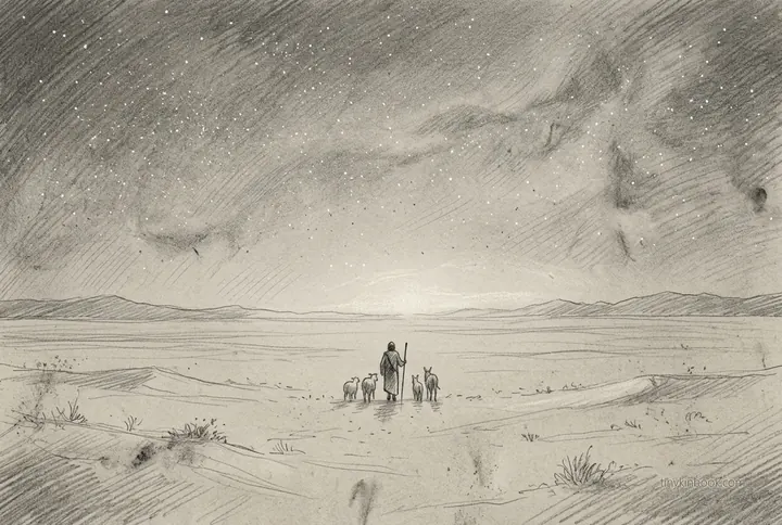 A shepherd and flock under a starry sky