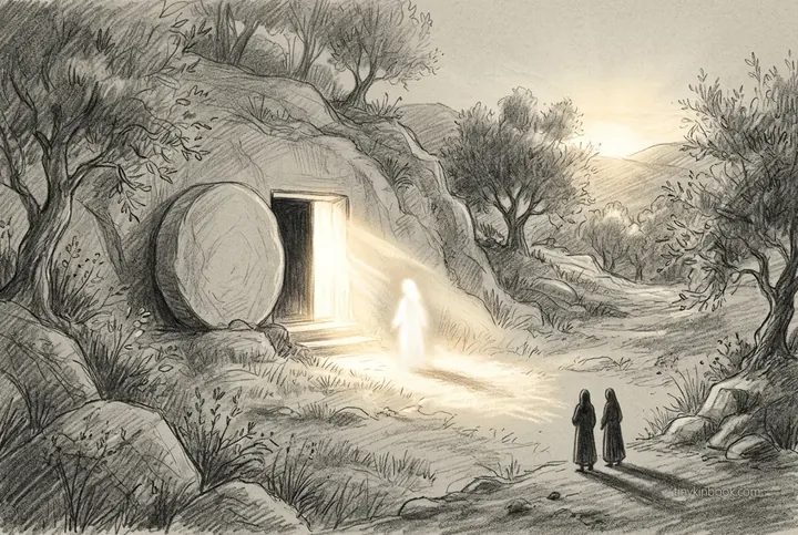 Pencil sketch: an open tomb glowing with light at dawn, two women approaching